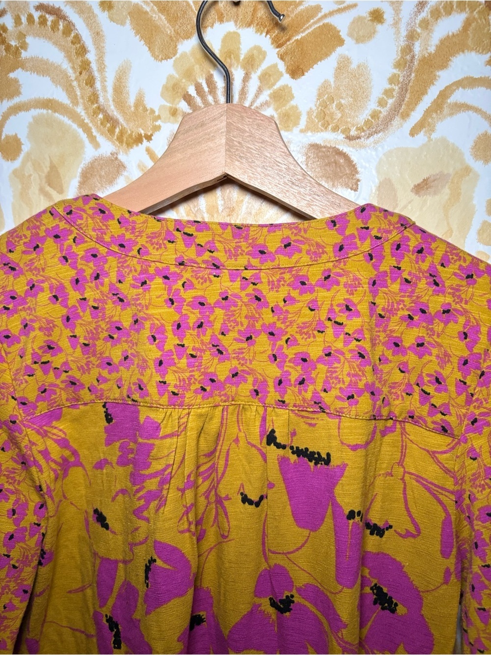 Belle by Kim Gravel Mustard & Magenta Floral Boho Blouse | Long Sleeve Split Top - Picture 7 of 10